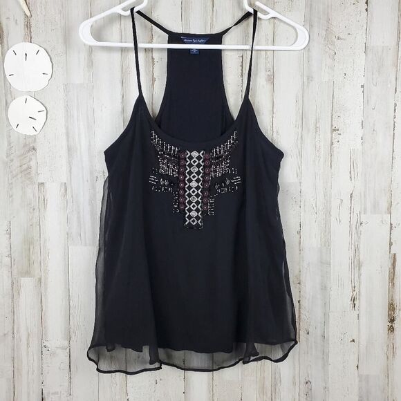 American Eagle Outfitters Beaded Tank Top Black Small - Picture 1 of 10